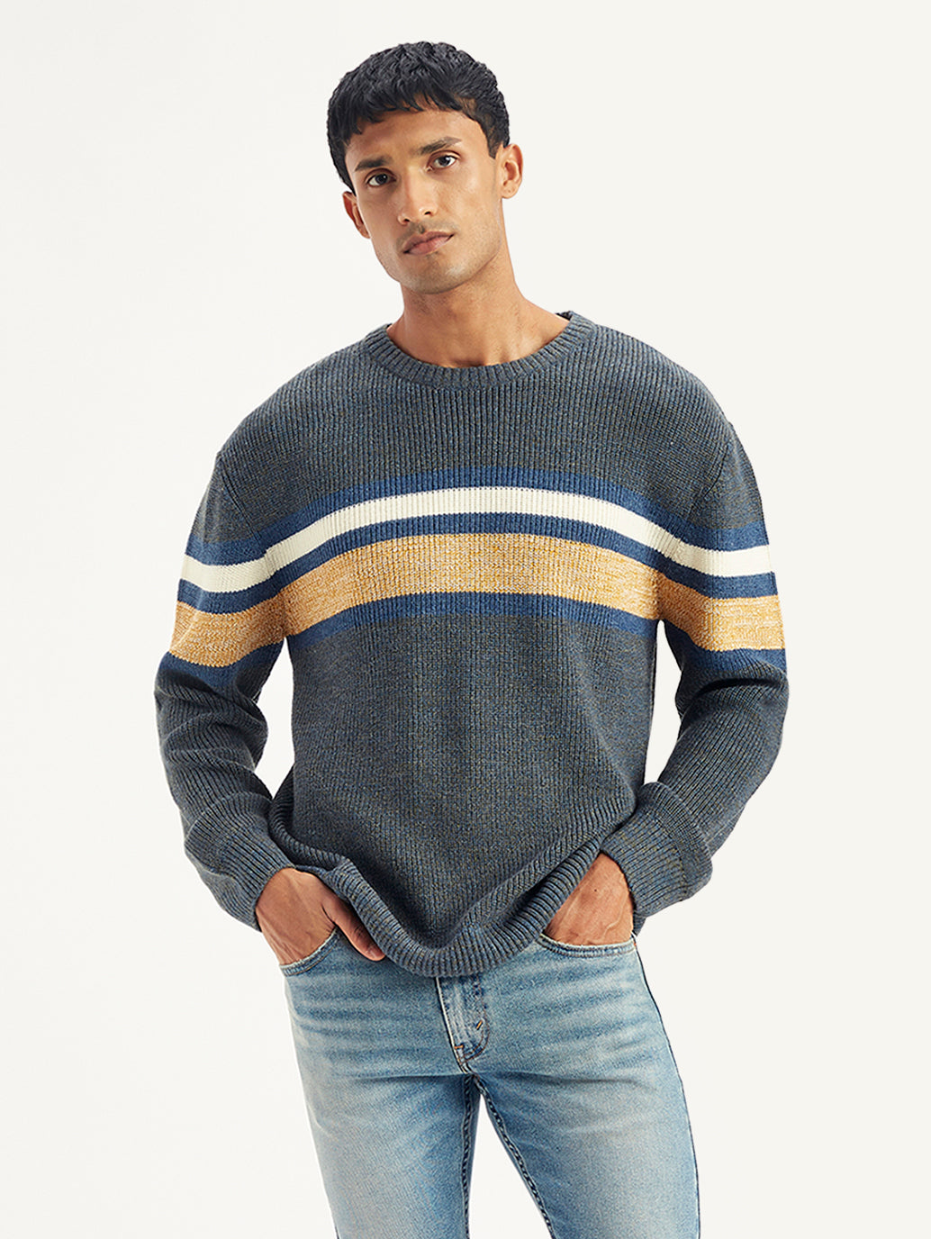 Men's Striped Grey Crew Neck Sweater - Front View