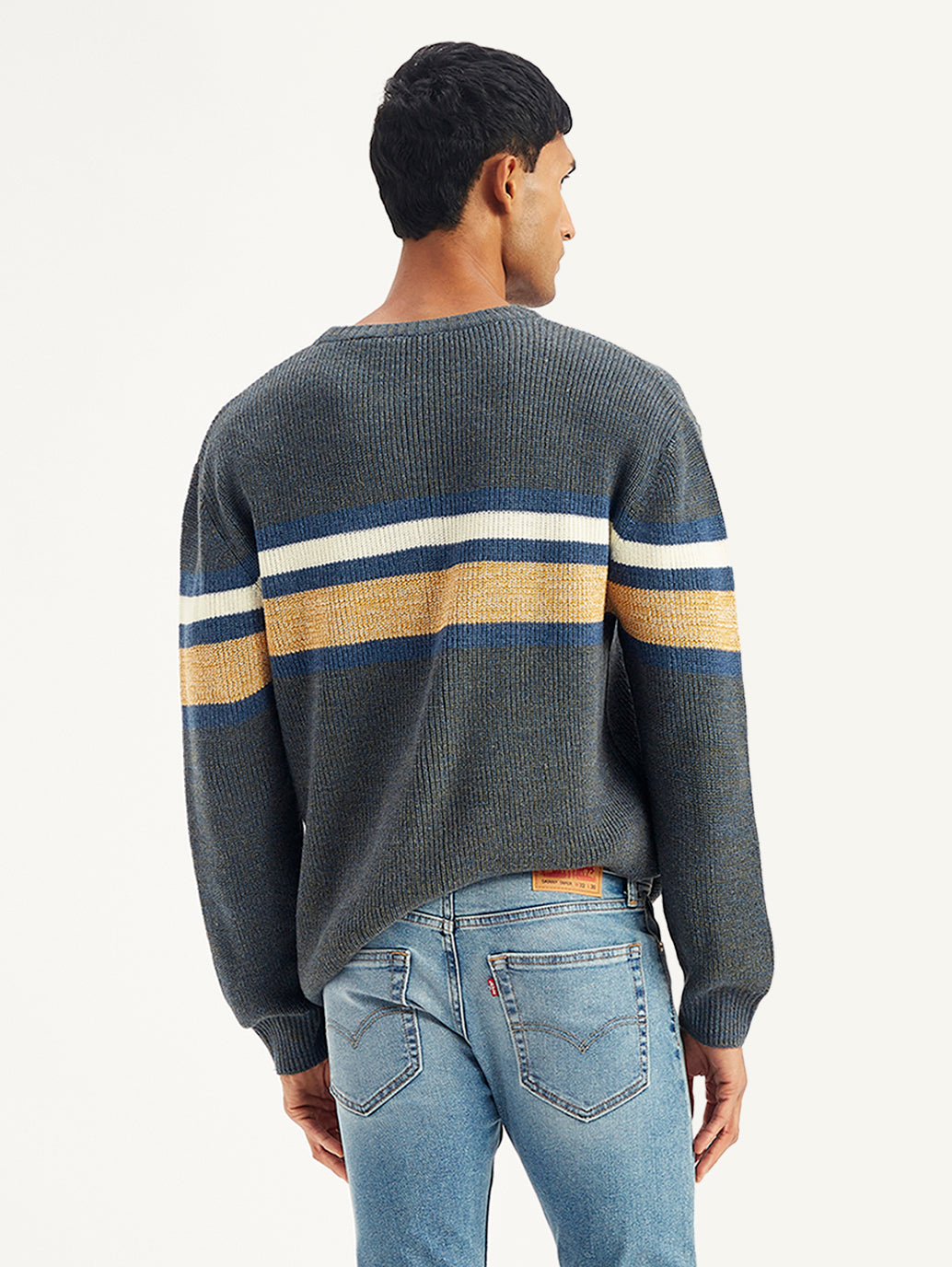 Men's Striped Grey Crew Neck Sweater - Back View