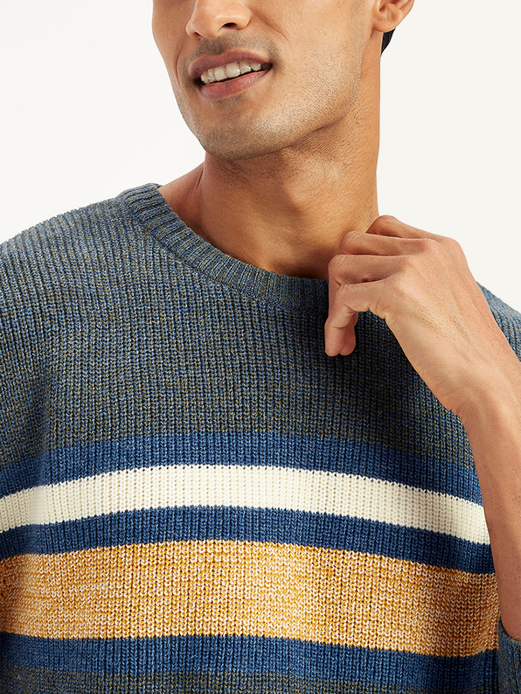 Men's Striped Grey Crew Neck Sweater - Detail View