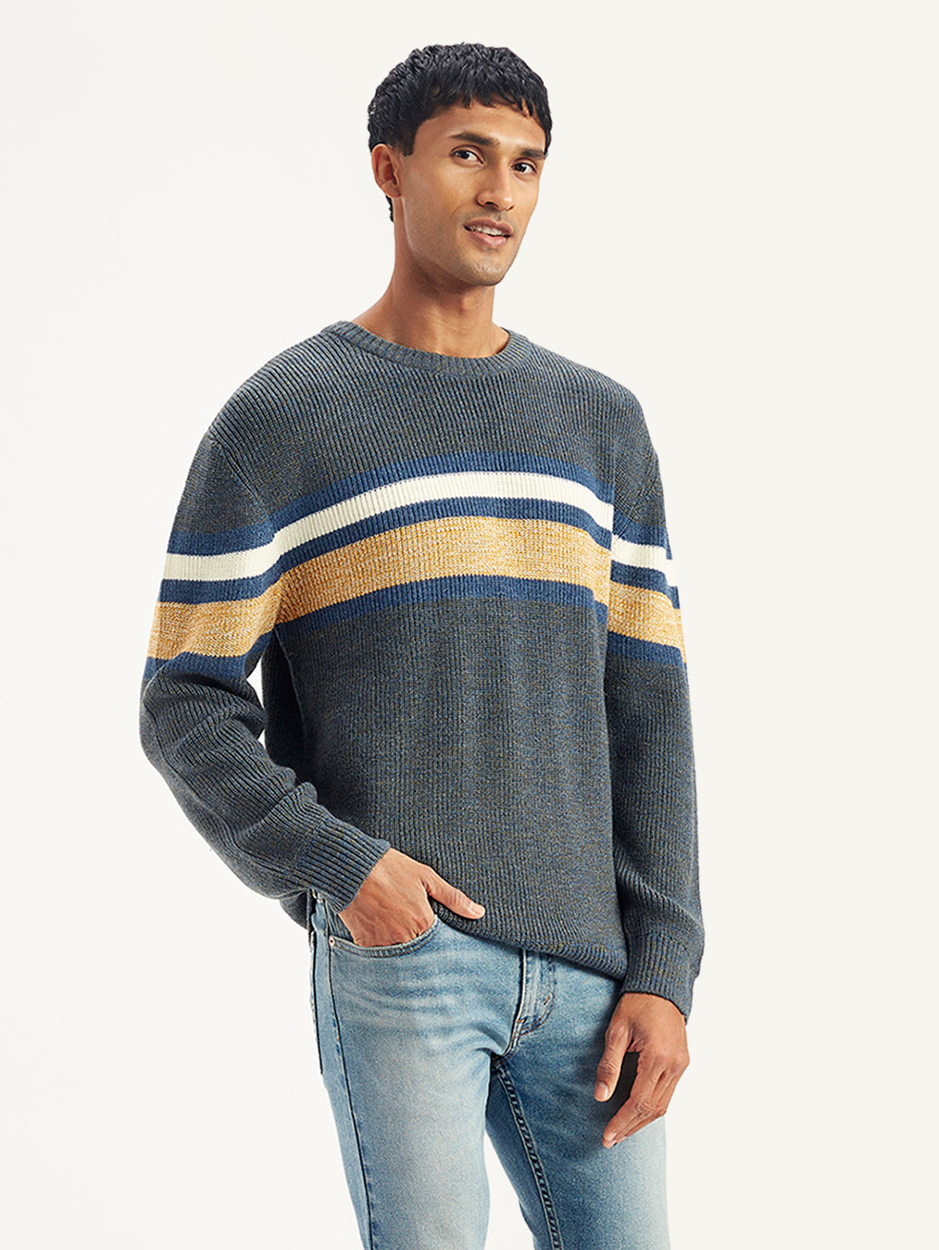 Men's Striped Grey Crew Neck Sweater - Side View