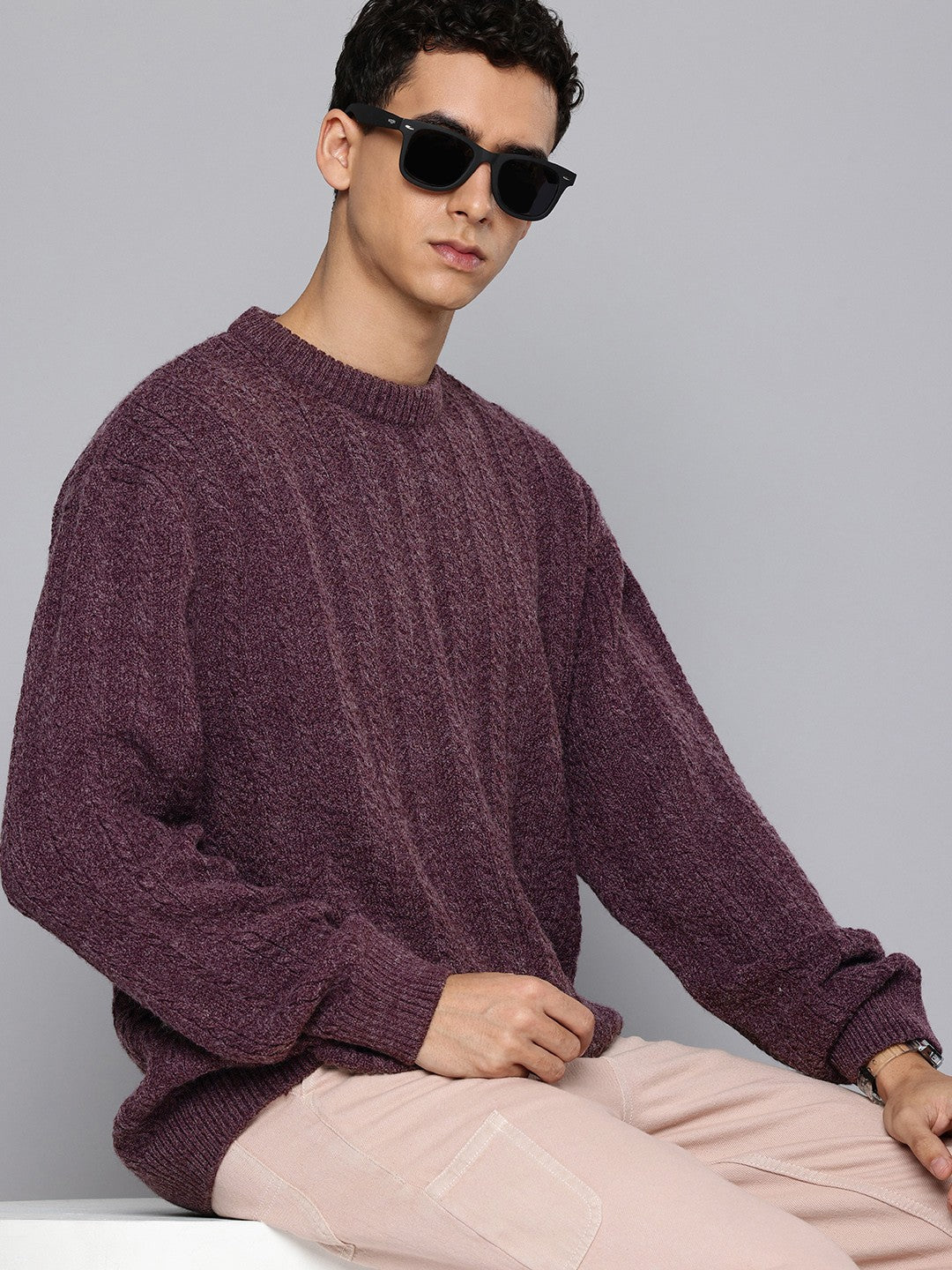 Men's Solid Purple Crew Neck Sweater - 1 View