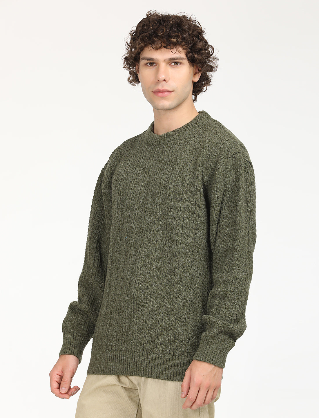 Men's Solid Olive Crew Neck Sweater - RightSide View