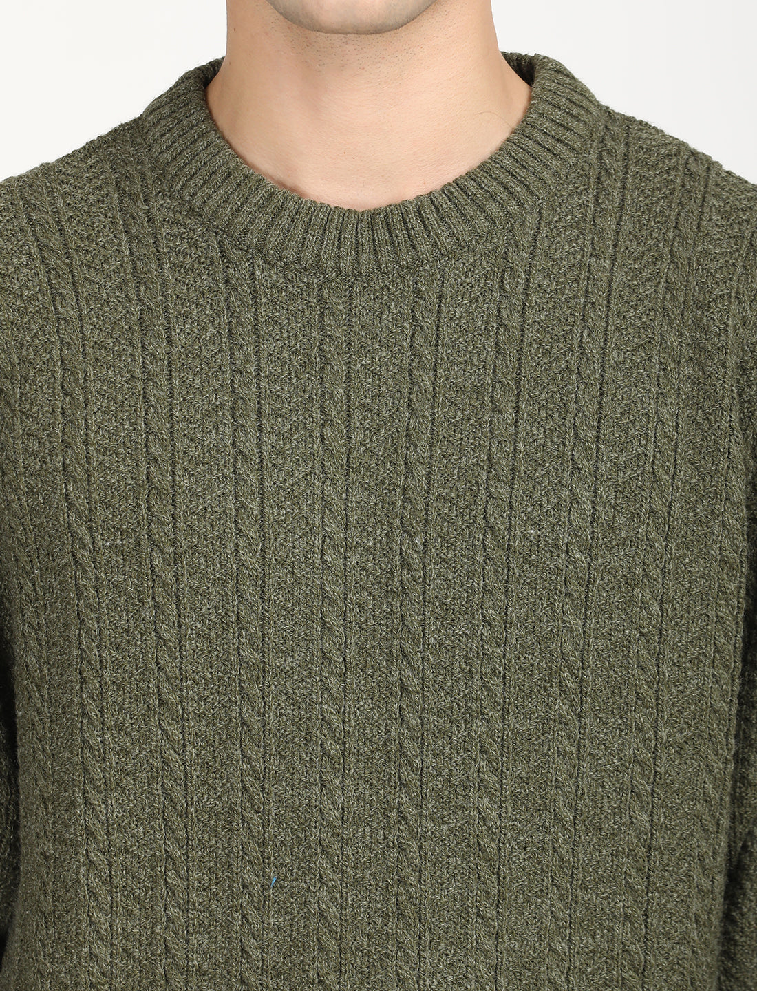 Men's Solid Olive Crew Neck Sweater - Detail View