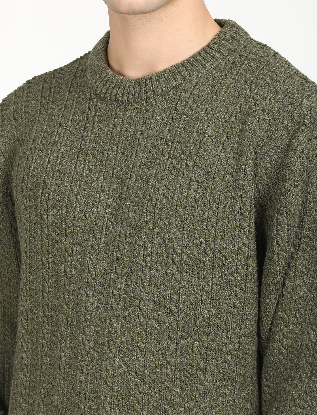 Men's Solid Olive Crew Neck Sweater - Detail View