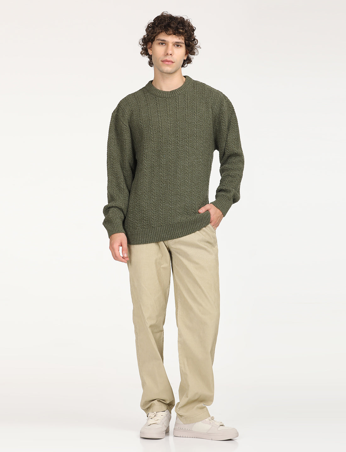 Men's Solid Olive Crew Neck Sweater - 6 View