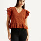 Women's Self Design Rust V-Neck Top - Styleshot View