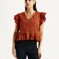 Women's Self Design Rust V-Neck Top - Front View