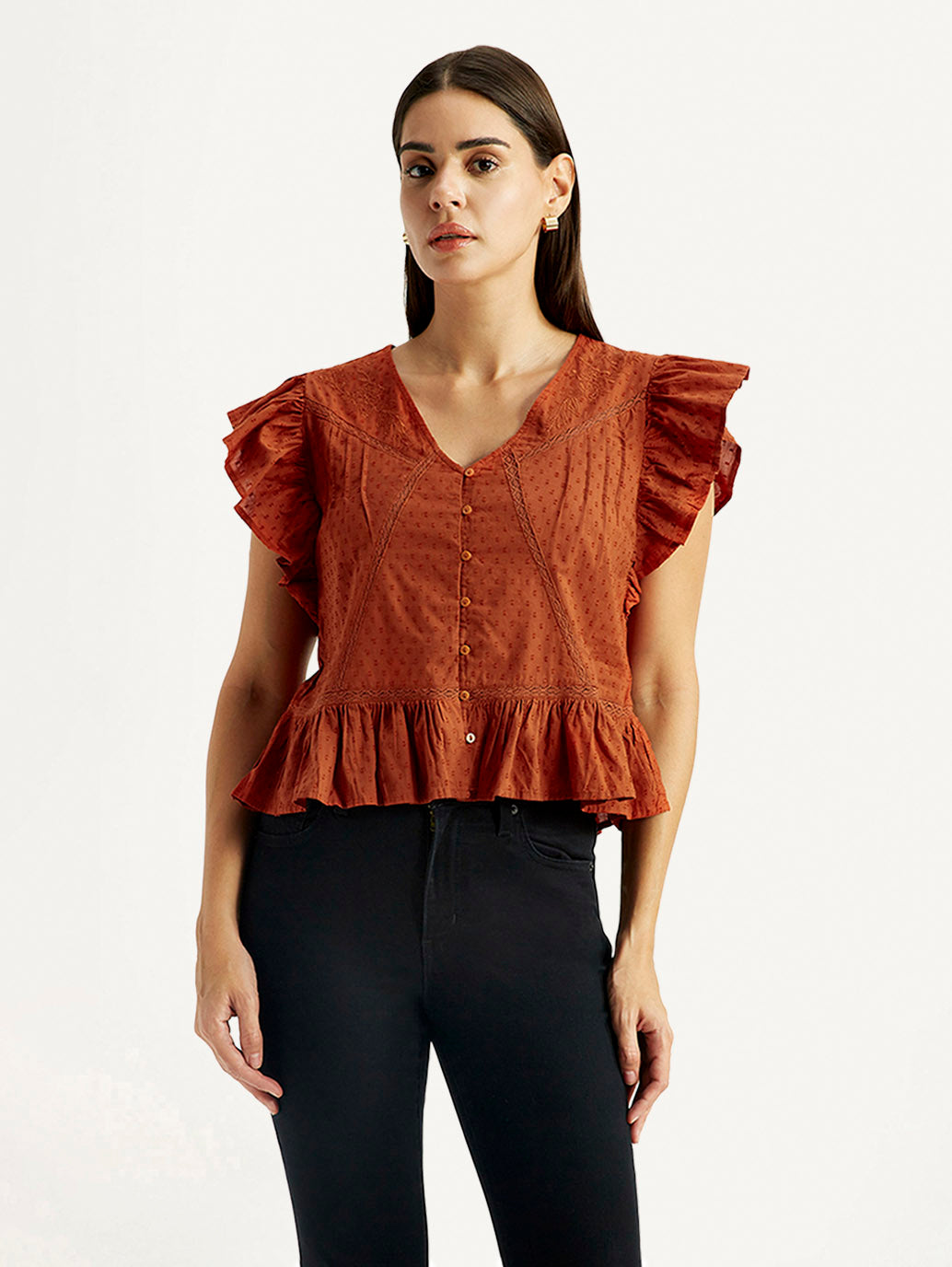 Women's Self Design Rust V-Neck Top - Front View
