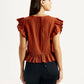 Women's Self Design Rust V-Neck Top - Back View