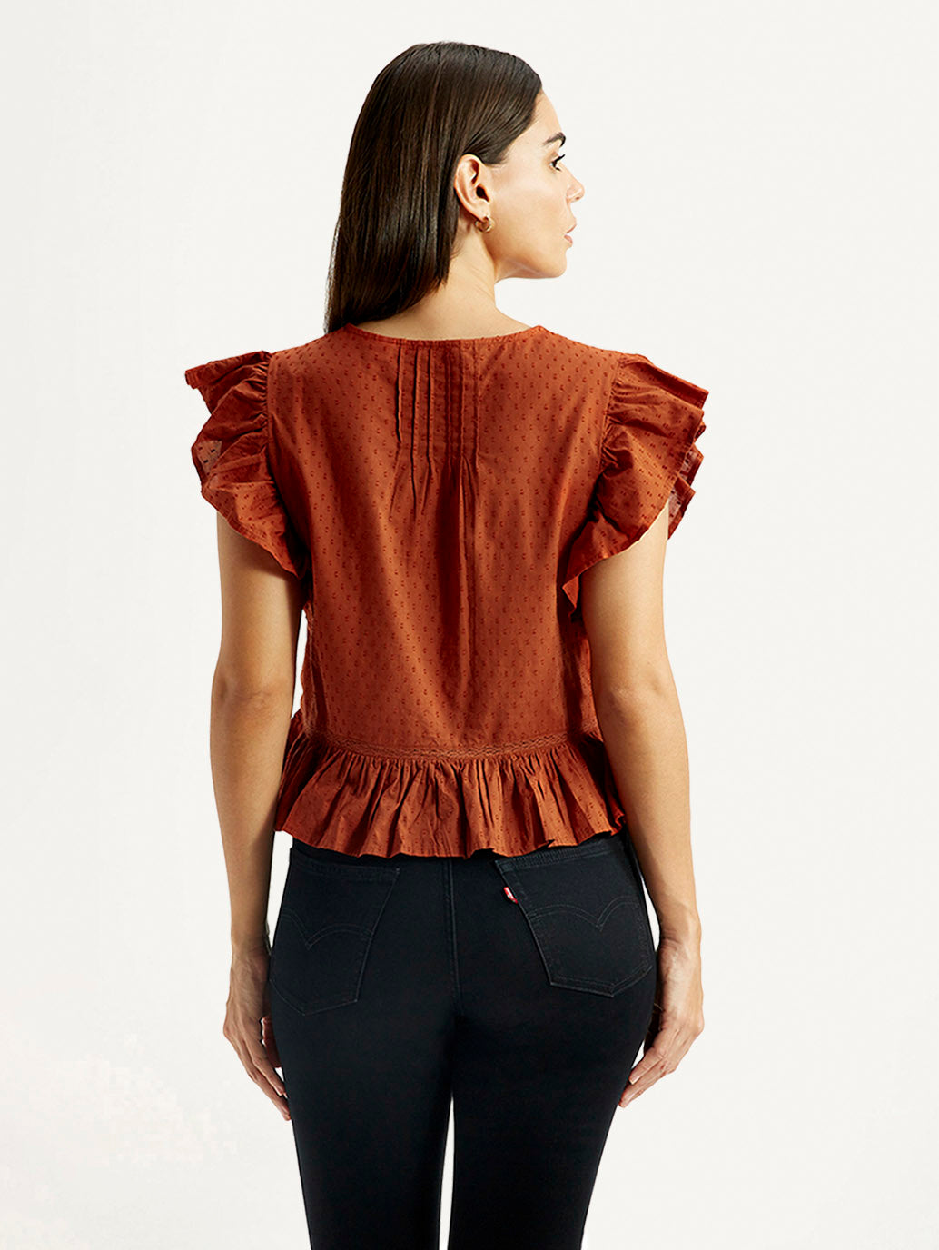 Women's Self Design Rust V-Neck Top - Back View