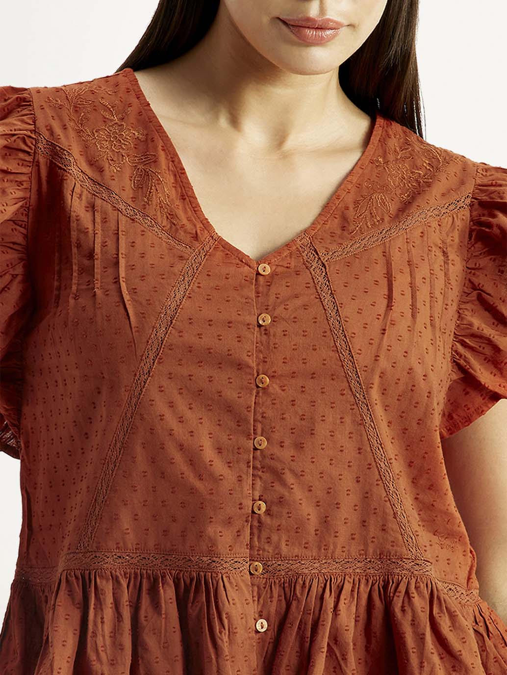 Women's Self Design Rust V-Neck Top - Detail View