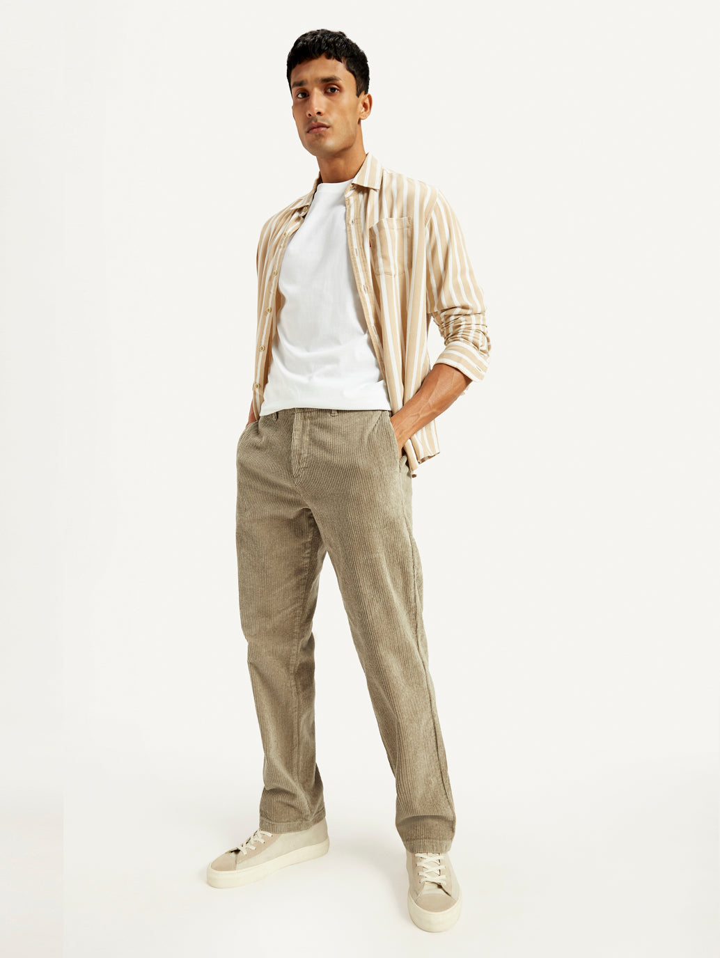 Men's Beige Straight Fit Chinos - Elevated View