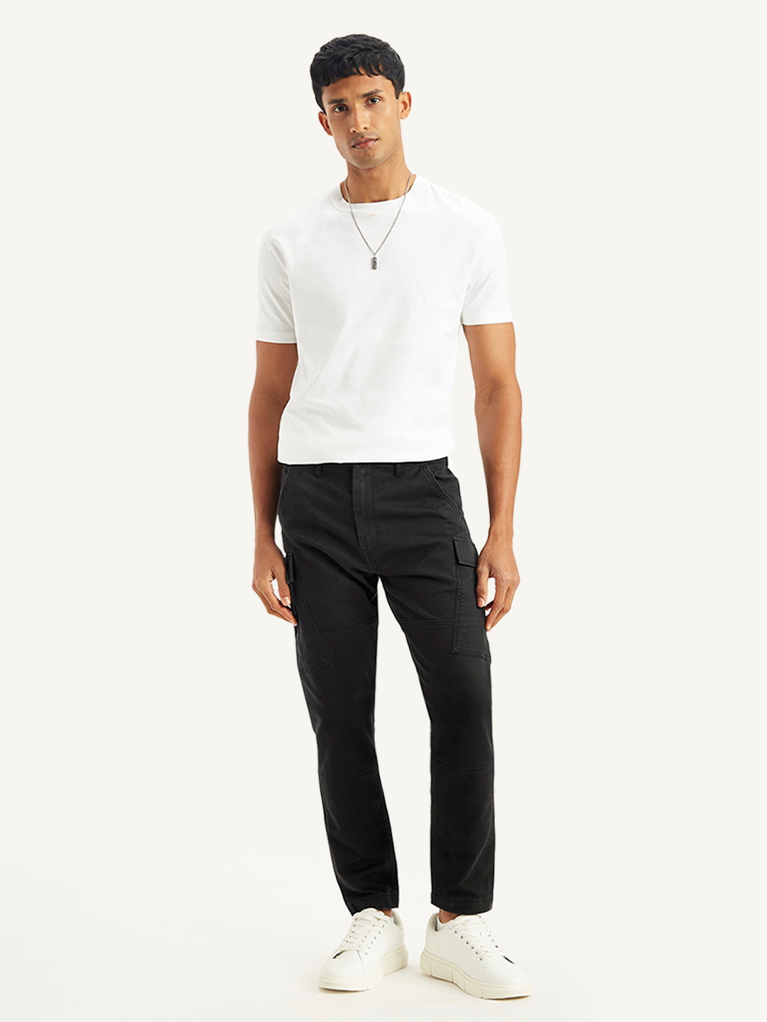 Men's Black Tapered Cargo Trousers - Front View