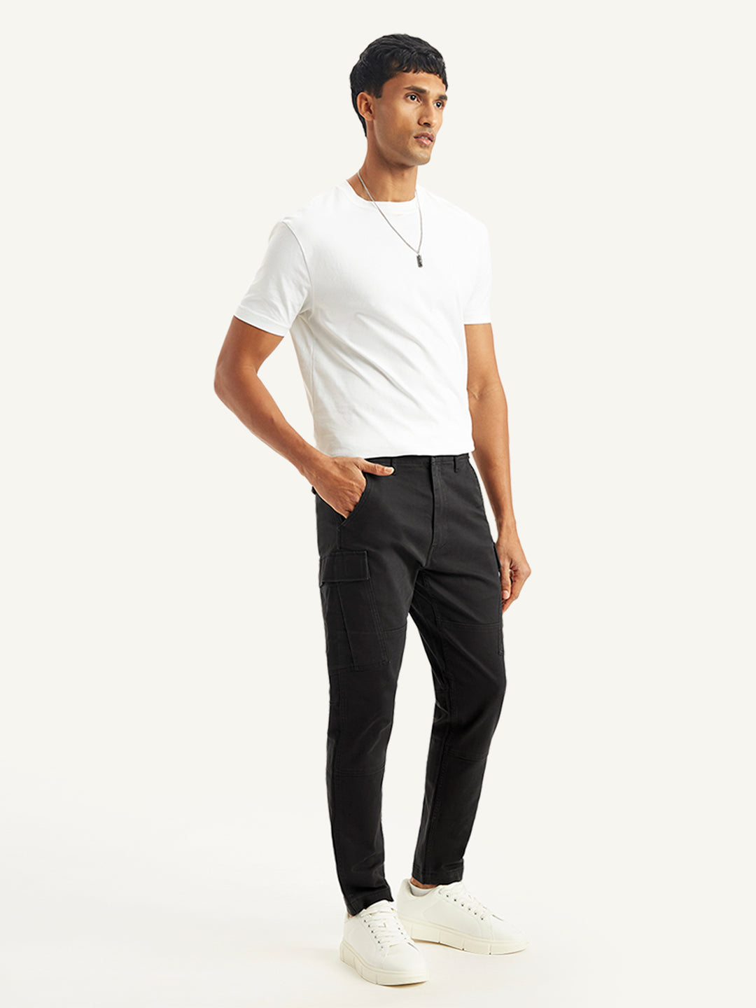 Men's Black Tapered Cargo Trousers - Side View