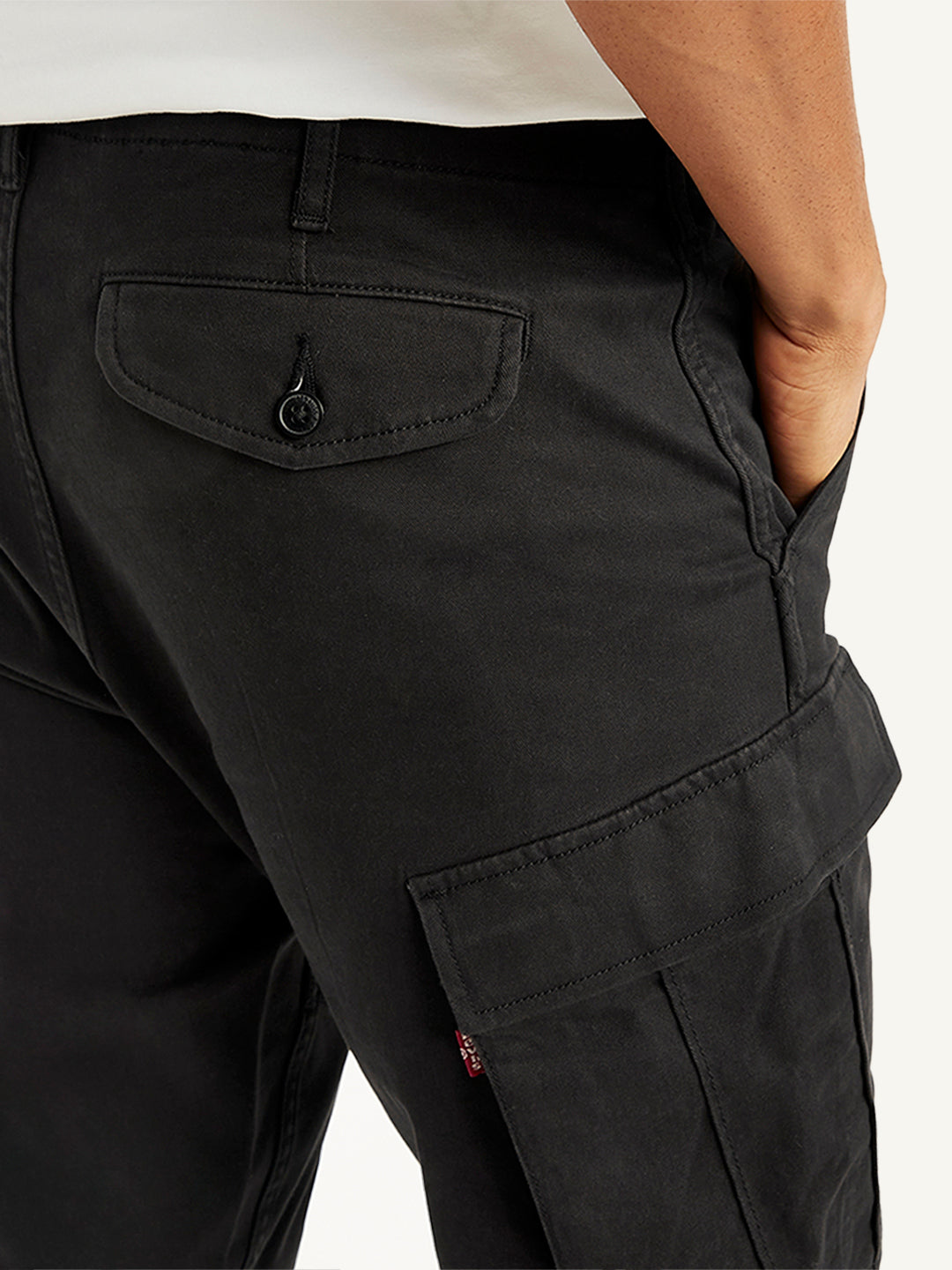 Men's Black Tapered Cargo Trousers - Detail View