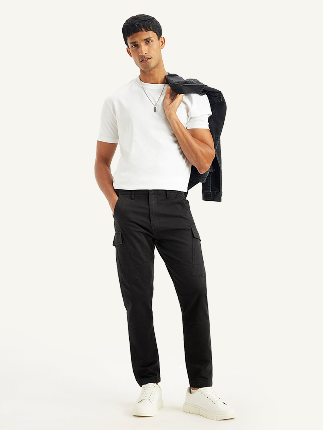 Men's Black Tapered Cargo Trousers - Styleshot View