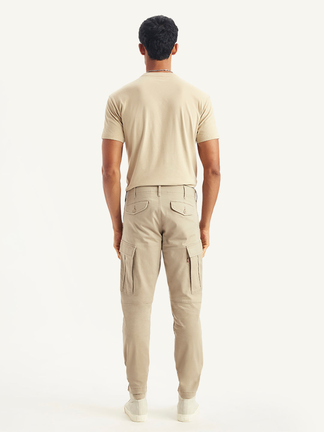 Men's Beige Slim Tapered Fit Cargo Trousers - back View