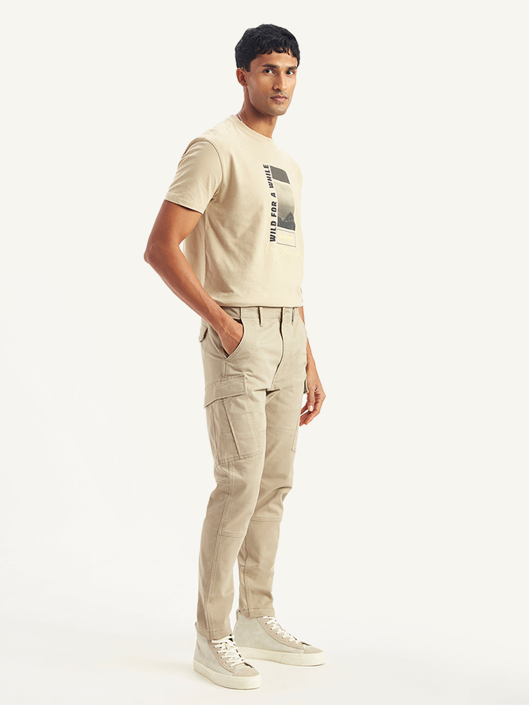 Men's Beige Slim Tapered Fit Cargo Trousers - Side View