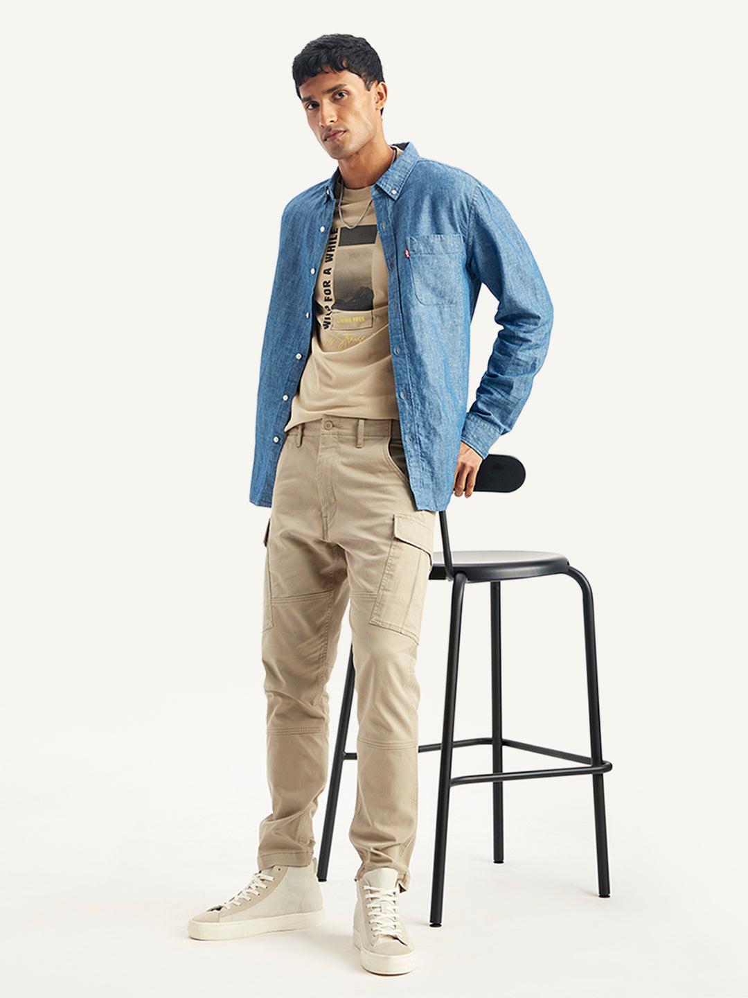 Men's Beige Slim Tapered Fit Cargo Trousers - Styleshot View