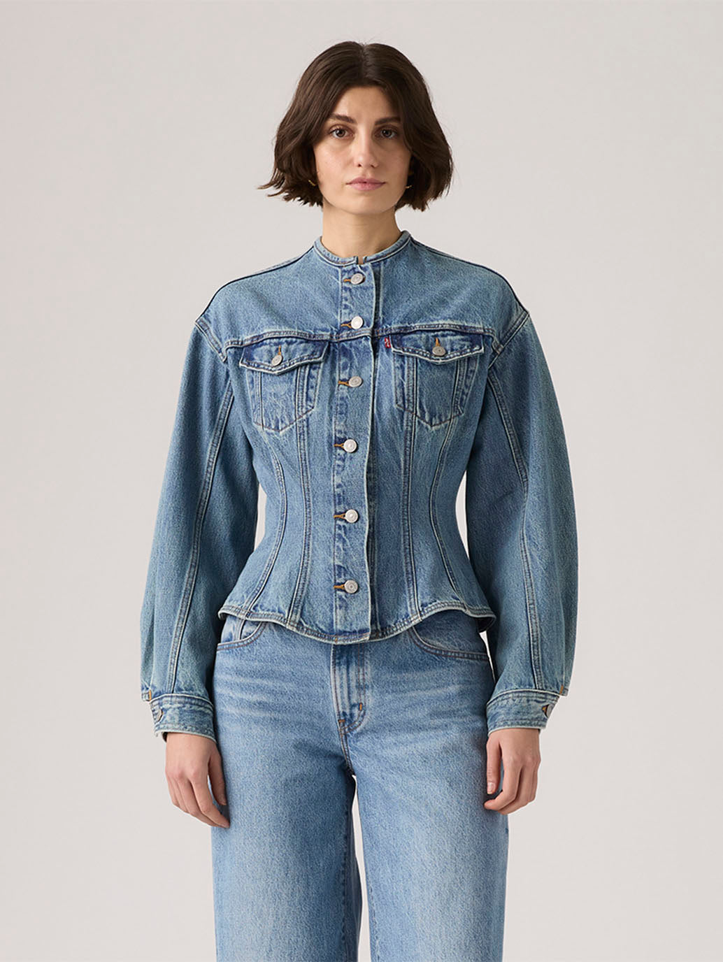 Women's Solid Blue Denim Jacket - Front View