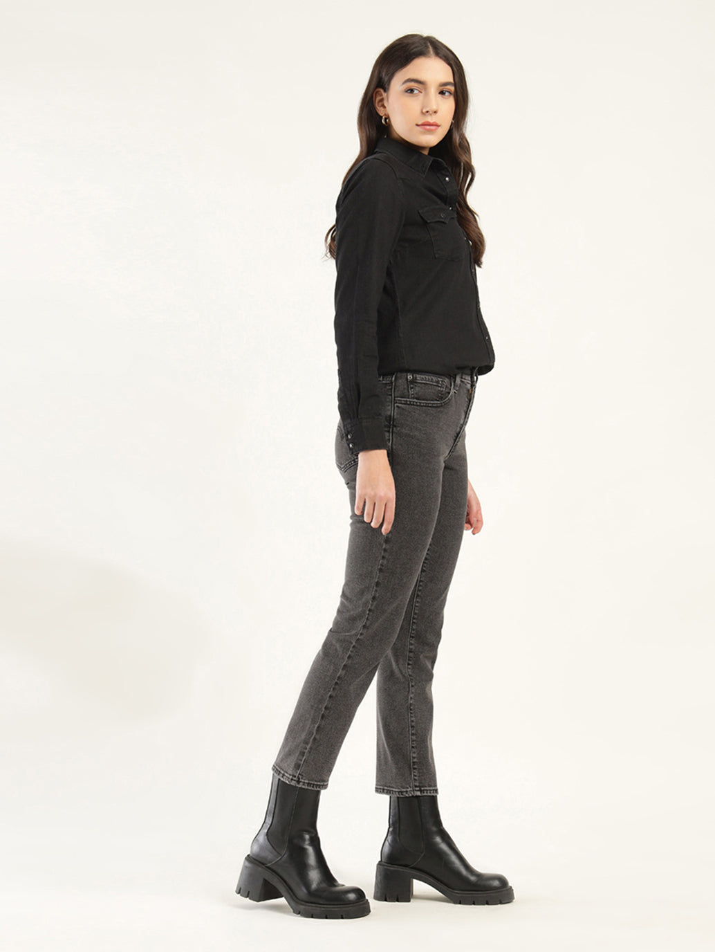 Women's 724 Grey Slim Straight Fit High Rise Jeans - Side View