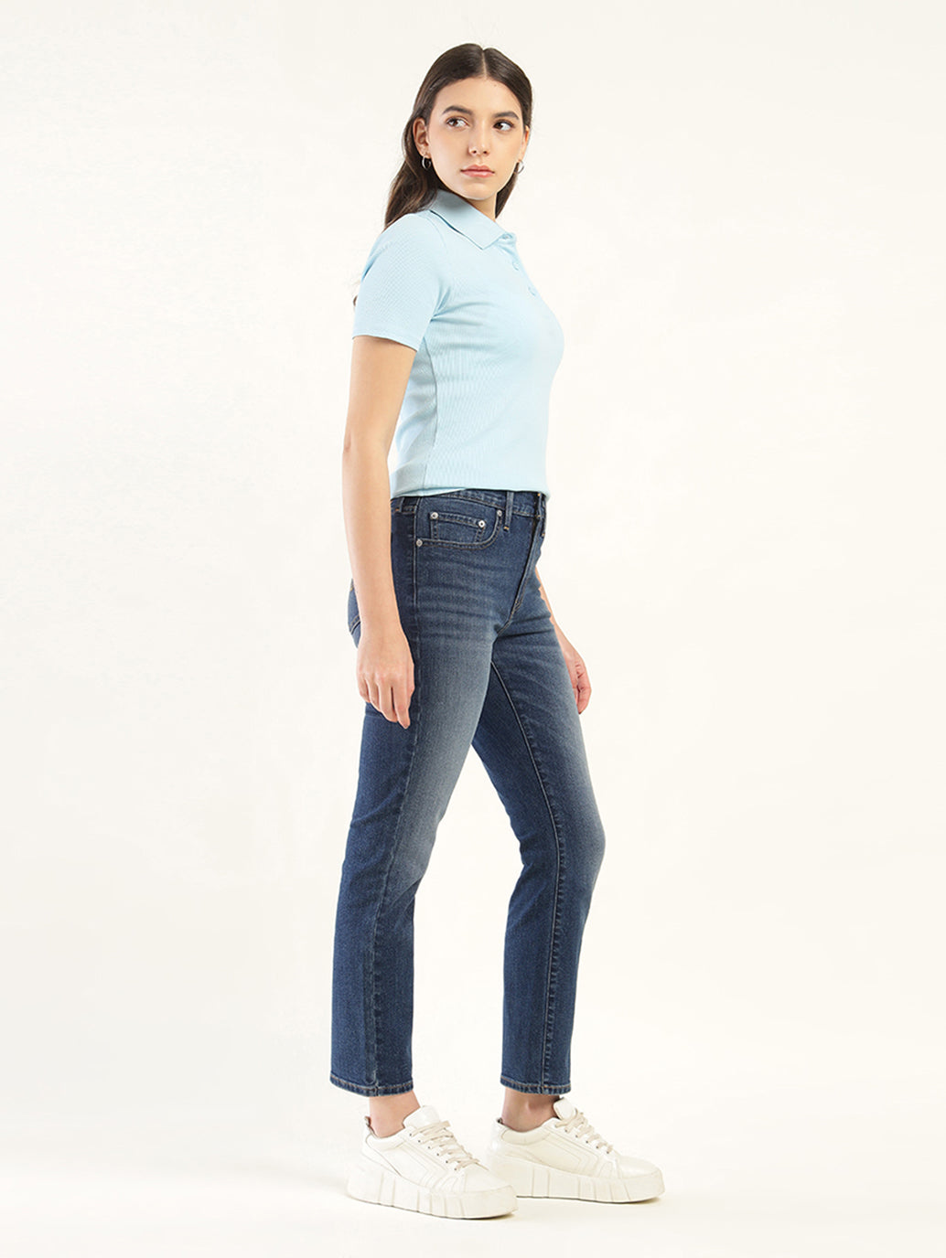 Women's 724 Blue Slim Straight Fit High Rise Jeans - Side View