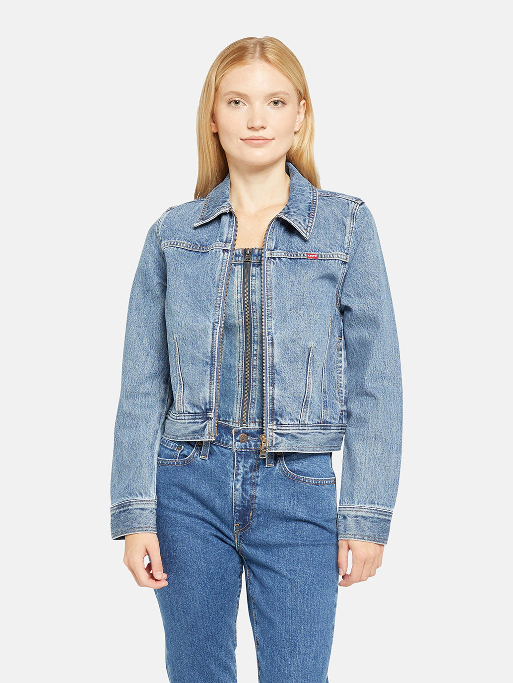 Women's XS Dart Denim Trucker Jacket - Front View