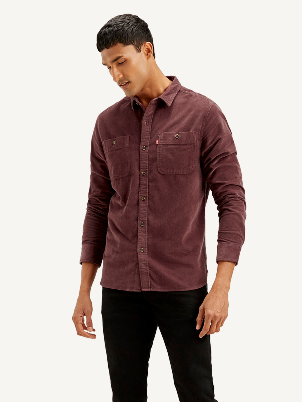 Men's Solid Slim Fit Corduroy Shirt - Front View