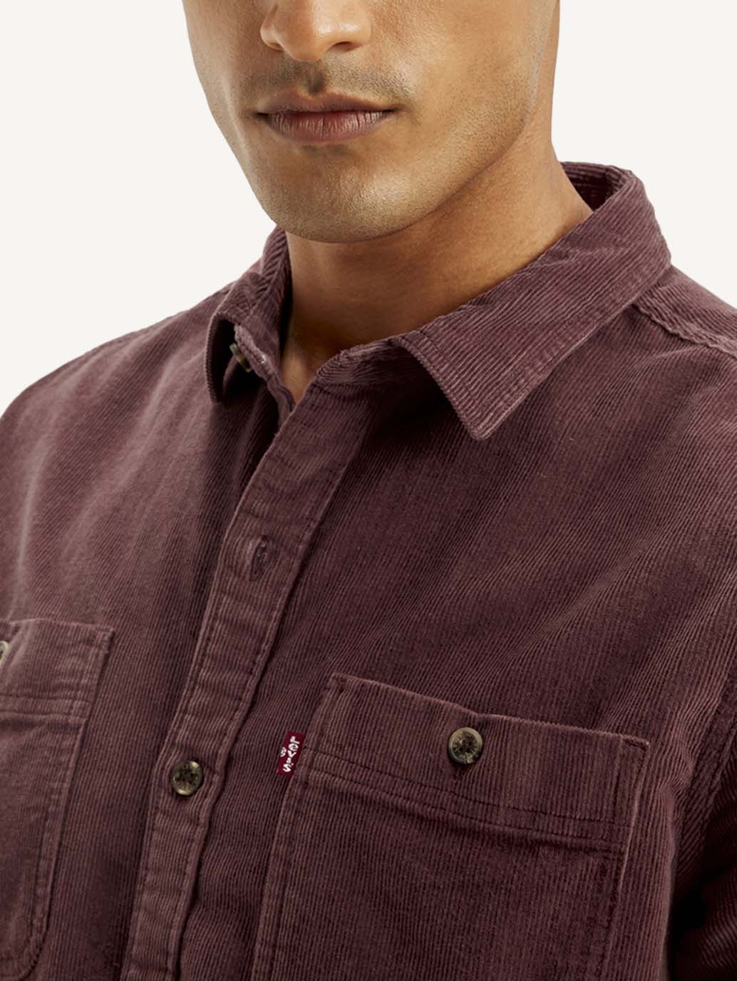Men's Solid Slim Fit Corduroy Shirt - Detail View