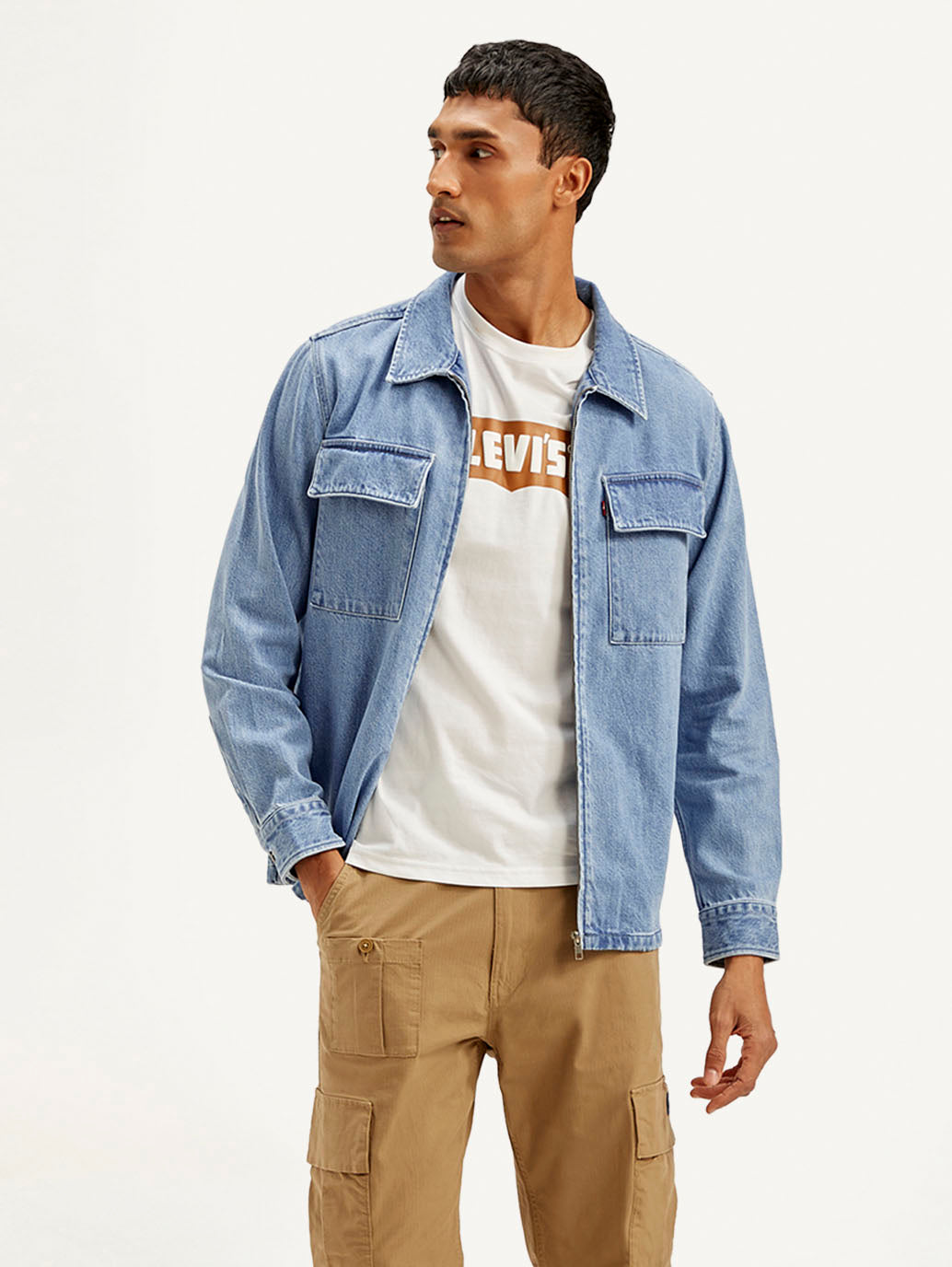 Men's Solid Light Blue Denim Shacket - Styleshot View