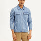 Men's Solid Light Blue Denim Shacket - Front View