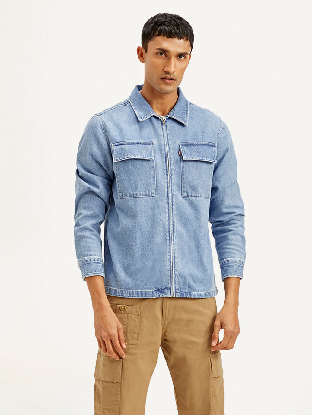 Men's Solid Light Blue Denim Shacket - Front View