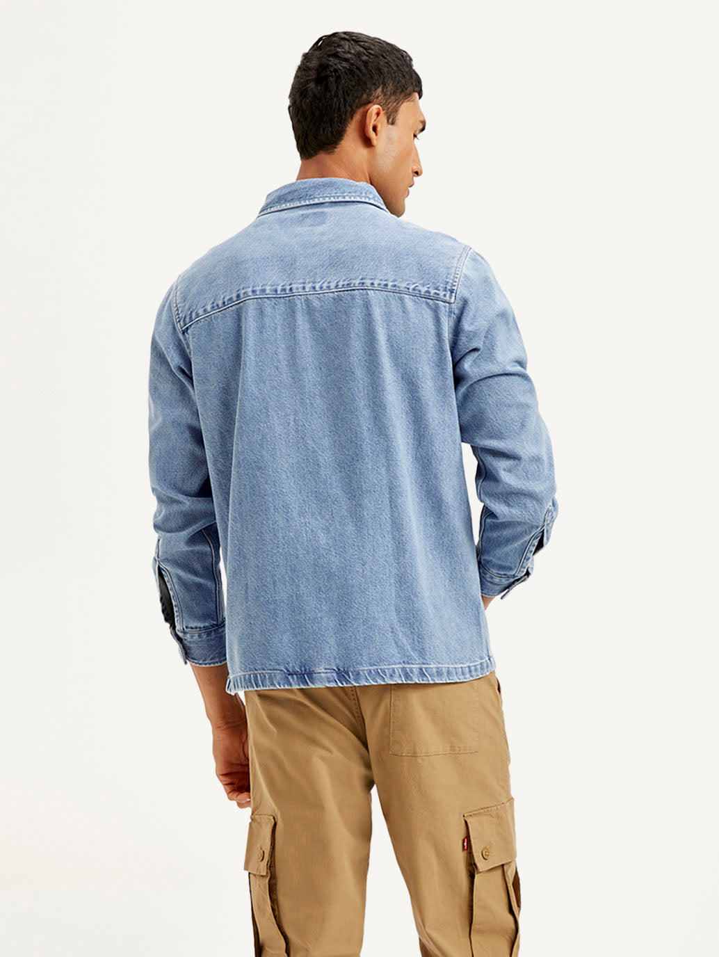 Men's Solid Light Blue Denim Shacket - Back View