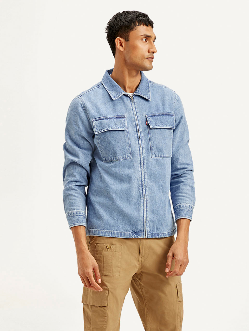 Men's Solid Light Blue Denim Shacket - Side View
