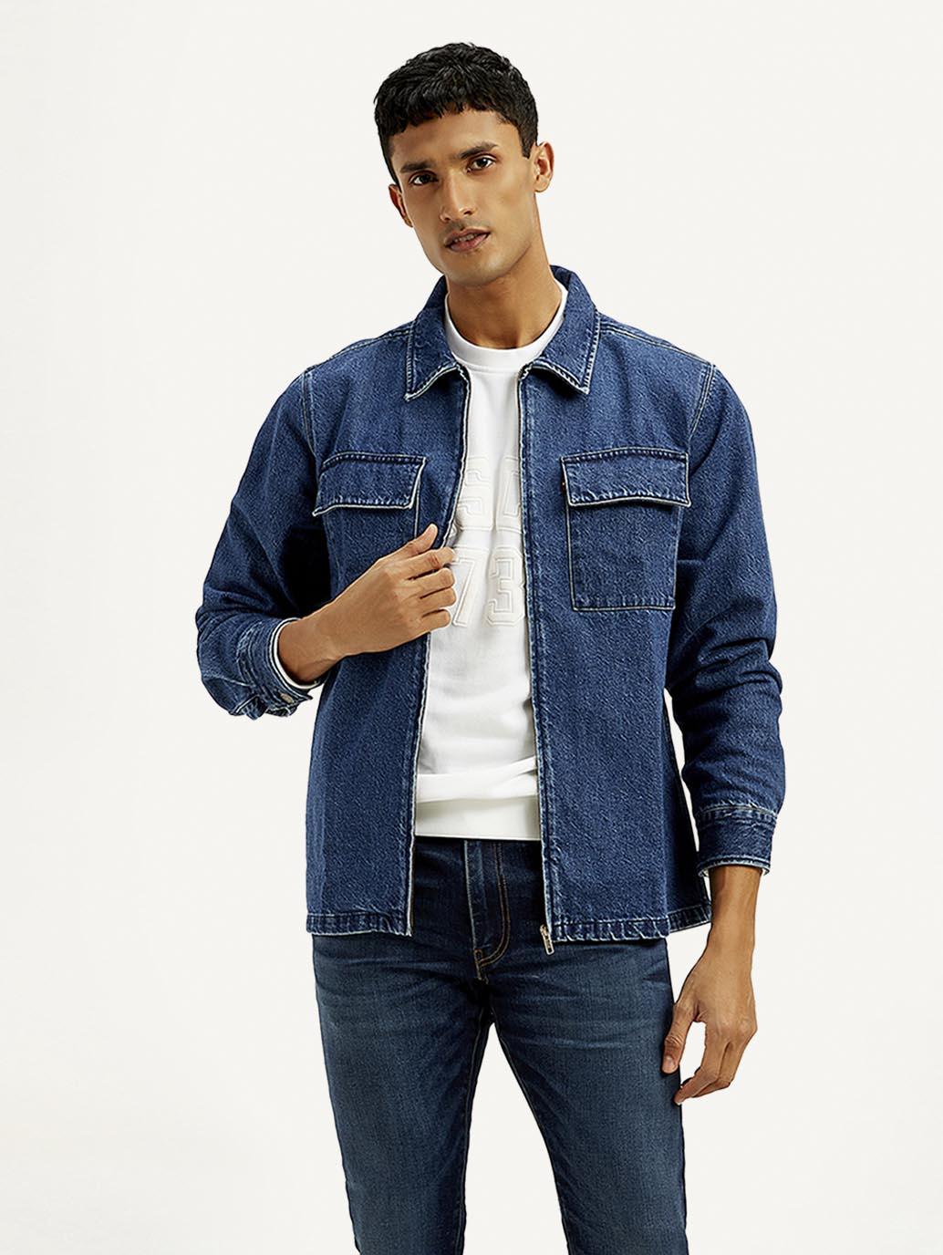 Men's Solid Relaxed Fit Zip Front Denim Shacket