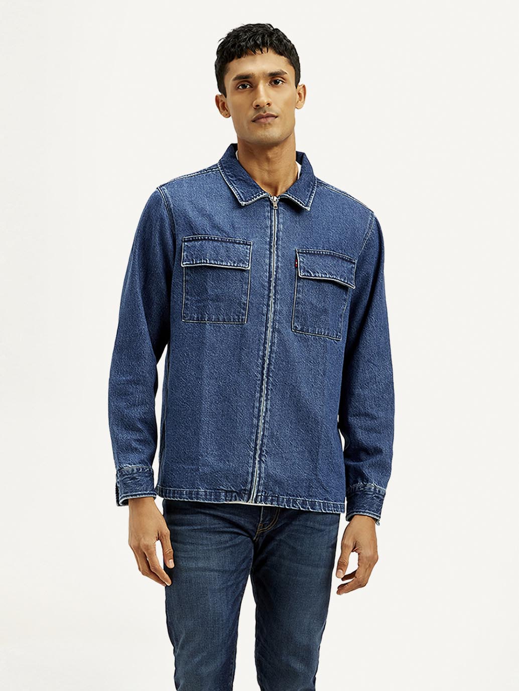 Men's Solid Relaxed Fit Zip Front Denim Shacket - Front View