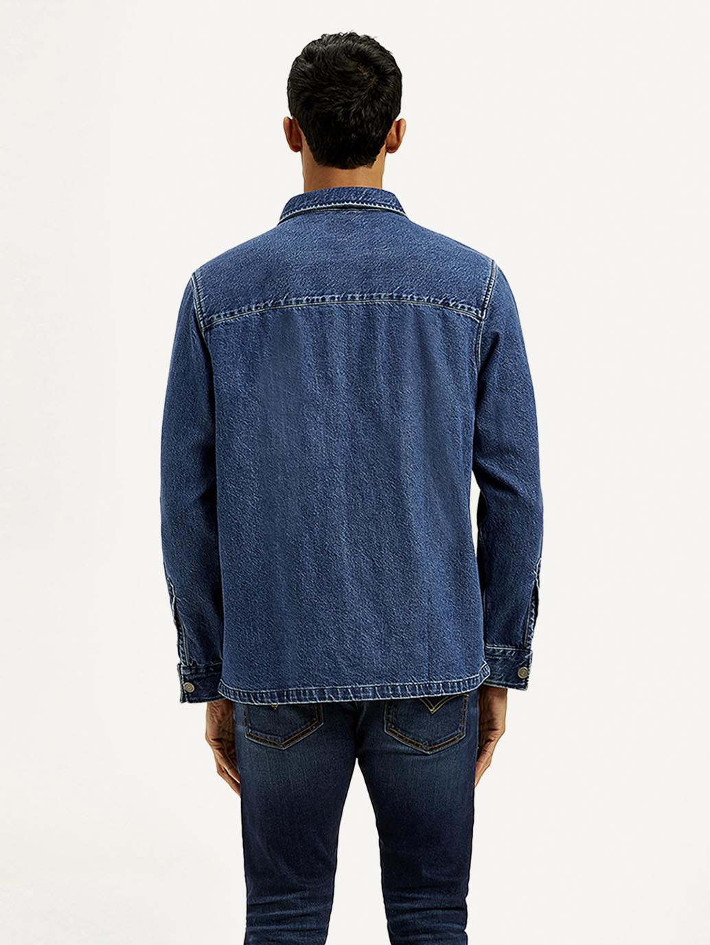 Men's Solid Relaxed Fit Zip Front Denim Shacket - Back View