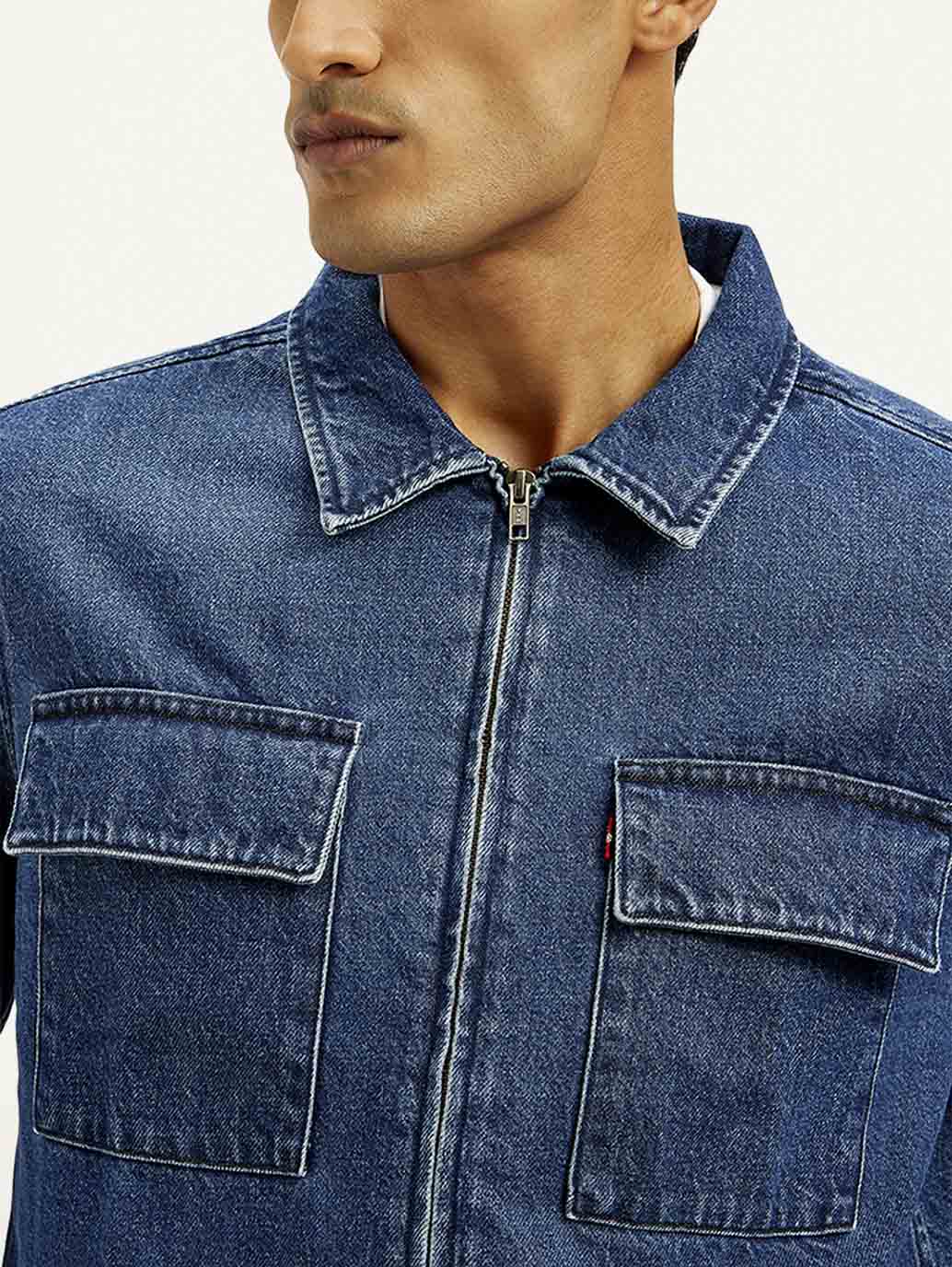 Men's Solid Relaxed Fit Zip Front Denim Shacket - Detail View