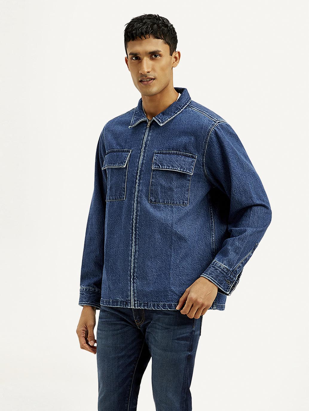 Men's Solid Relaxed Fit Zip Front Denim Shacket - Side View