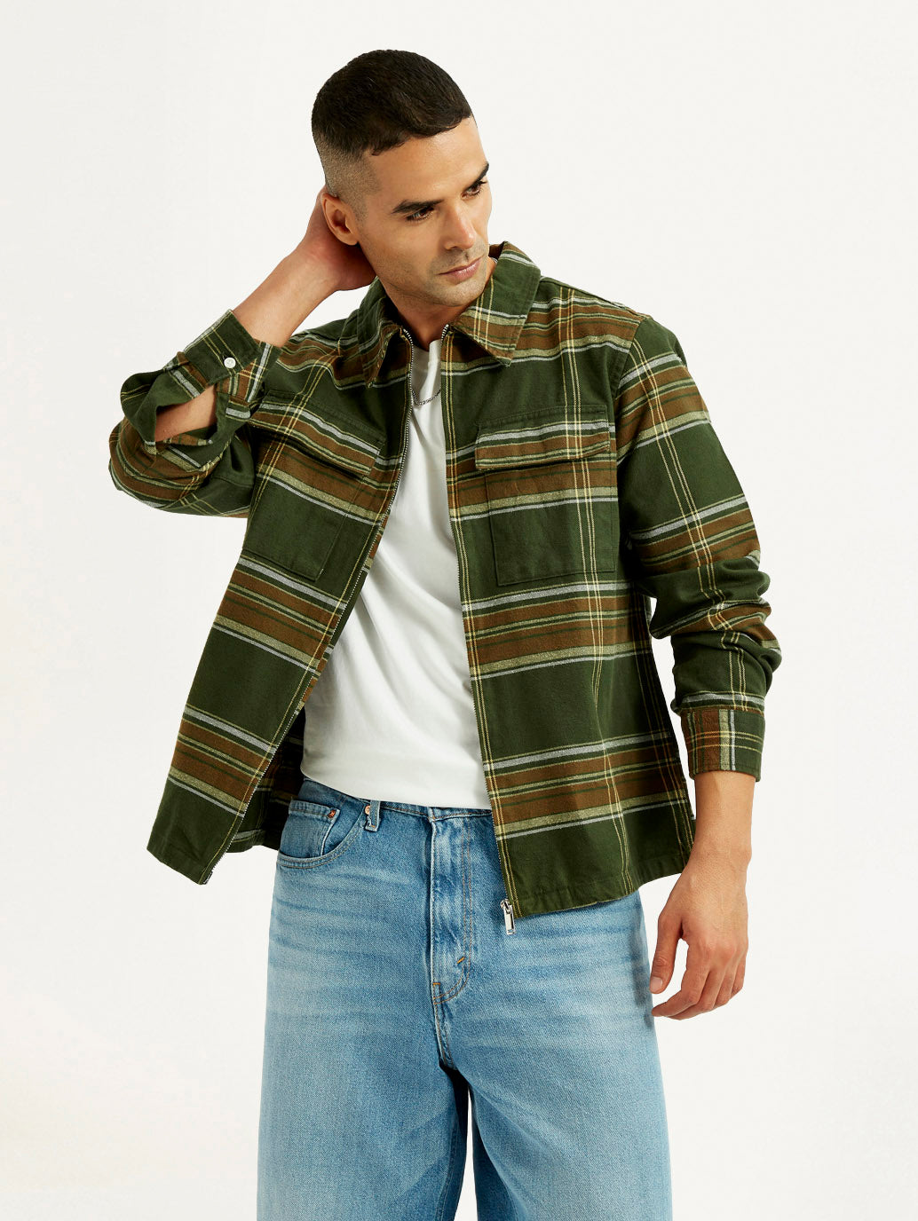 Men's Flannel Checkered Olive Relaxed Fit Shirt - Elevated View