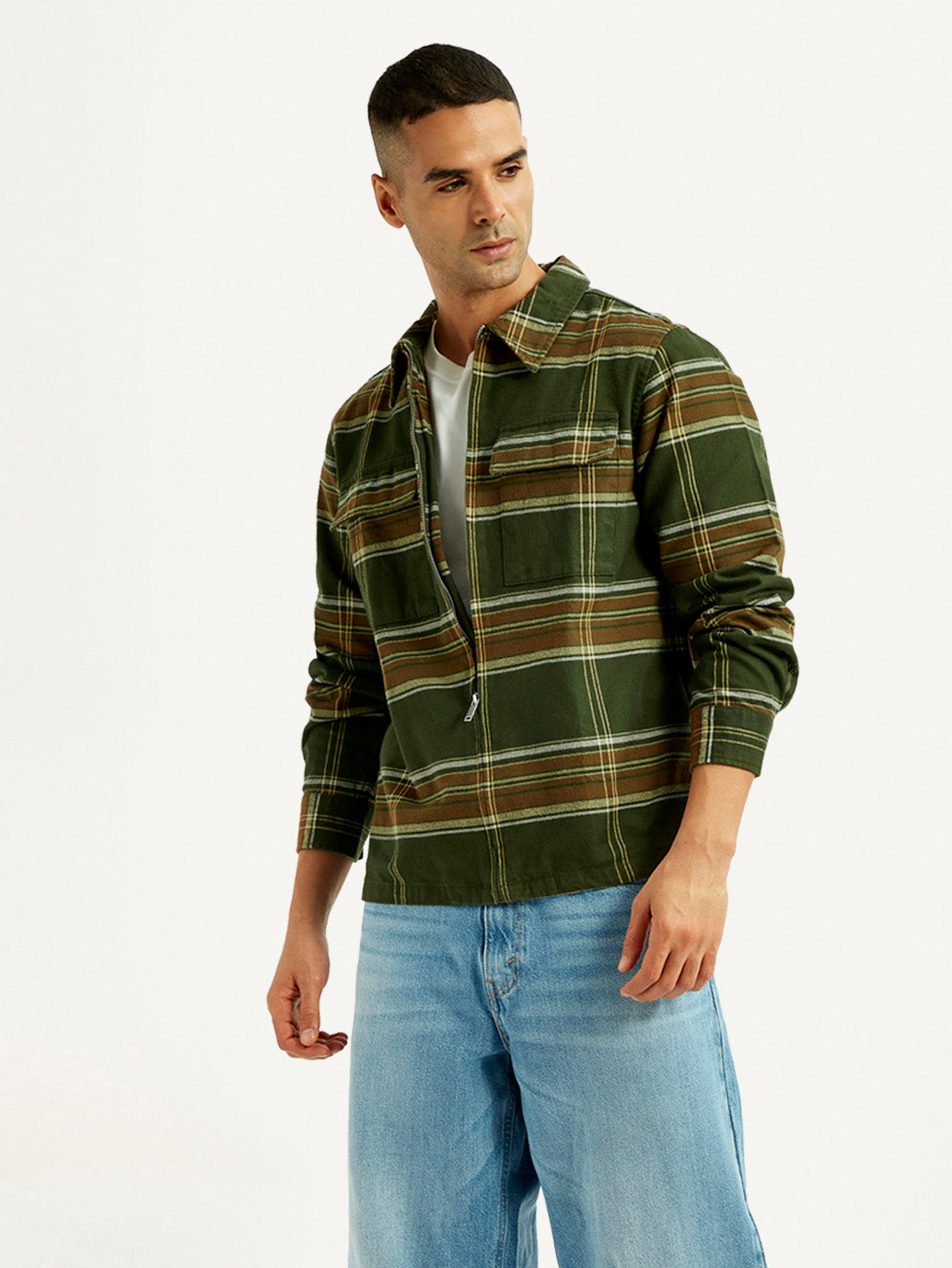 Men's Flannel Checkered Olive Relaxed Fit Shirt - Styleshot View