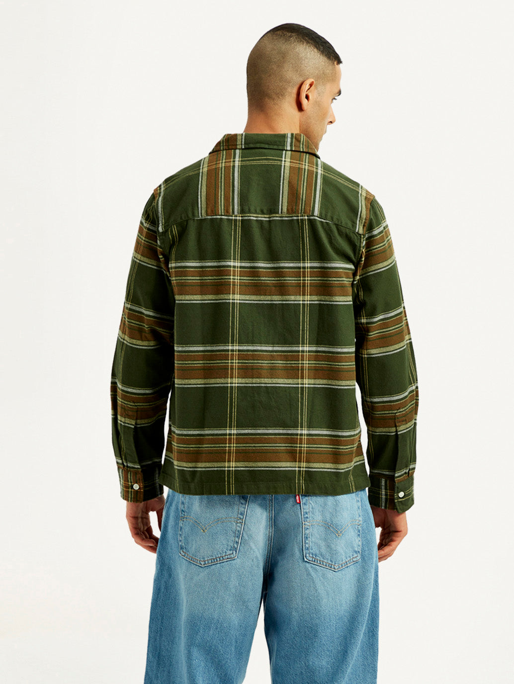 Men's Flannel Checkered Olive Relaxed Fit Shirt - Back View