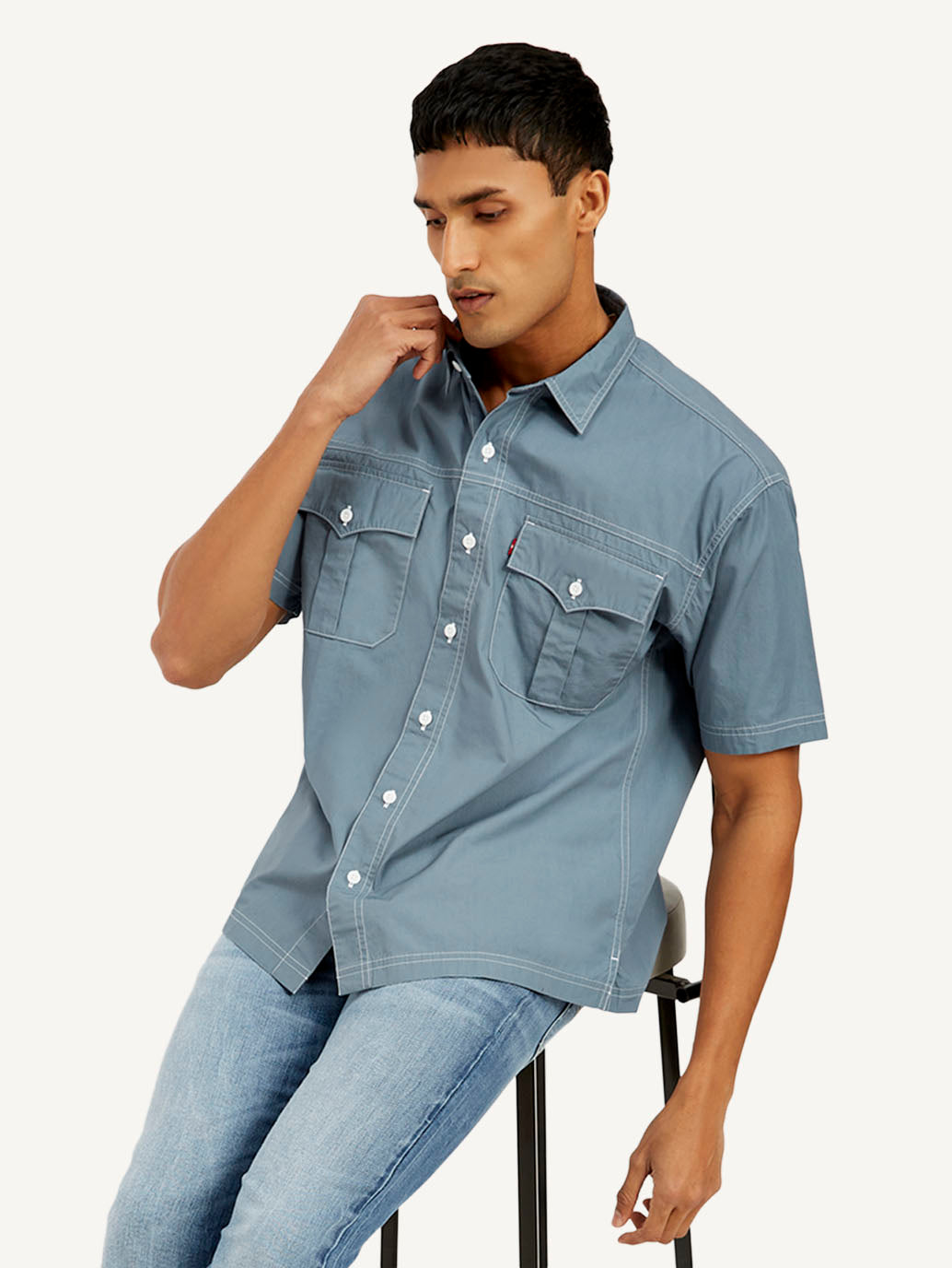 Men's Solid Relaxed Fit Utility Shirt - Styleshot View