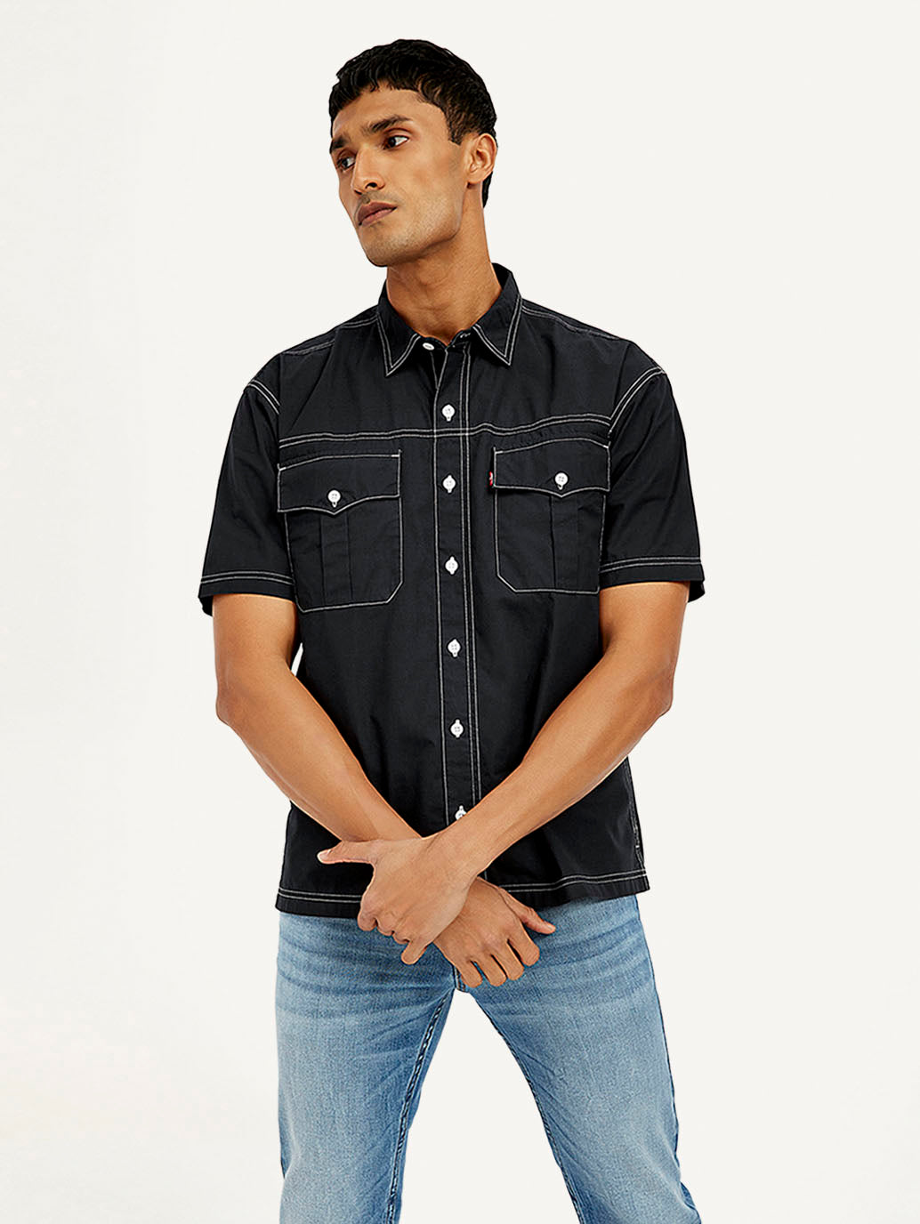 Men's Solid Relaxed Fit Utility Shirt - Styleshot View