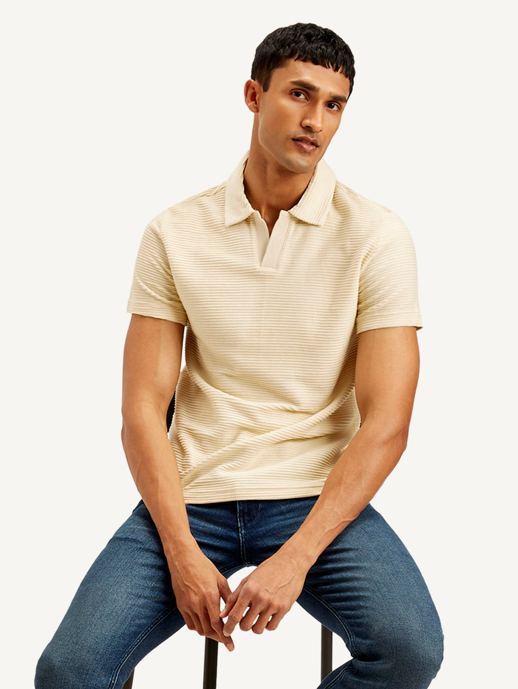 Men's Textured Slim Fit Polo Corduroy T-shirt - Styleshot View