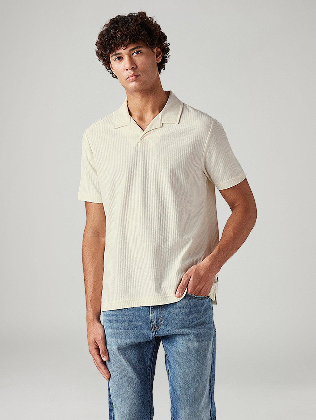 Men's Textured Cream Collar Neck Textured Polo T-shirt