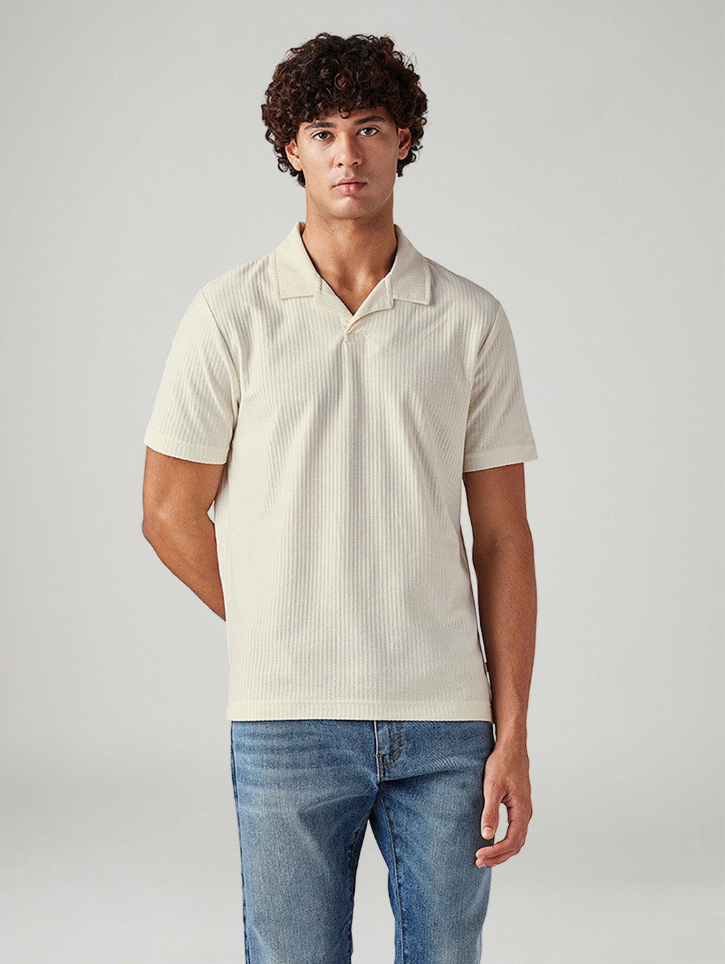 Men's Textured Cream Collar Neck Textured Polo T-shirt - Front View