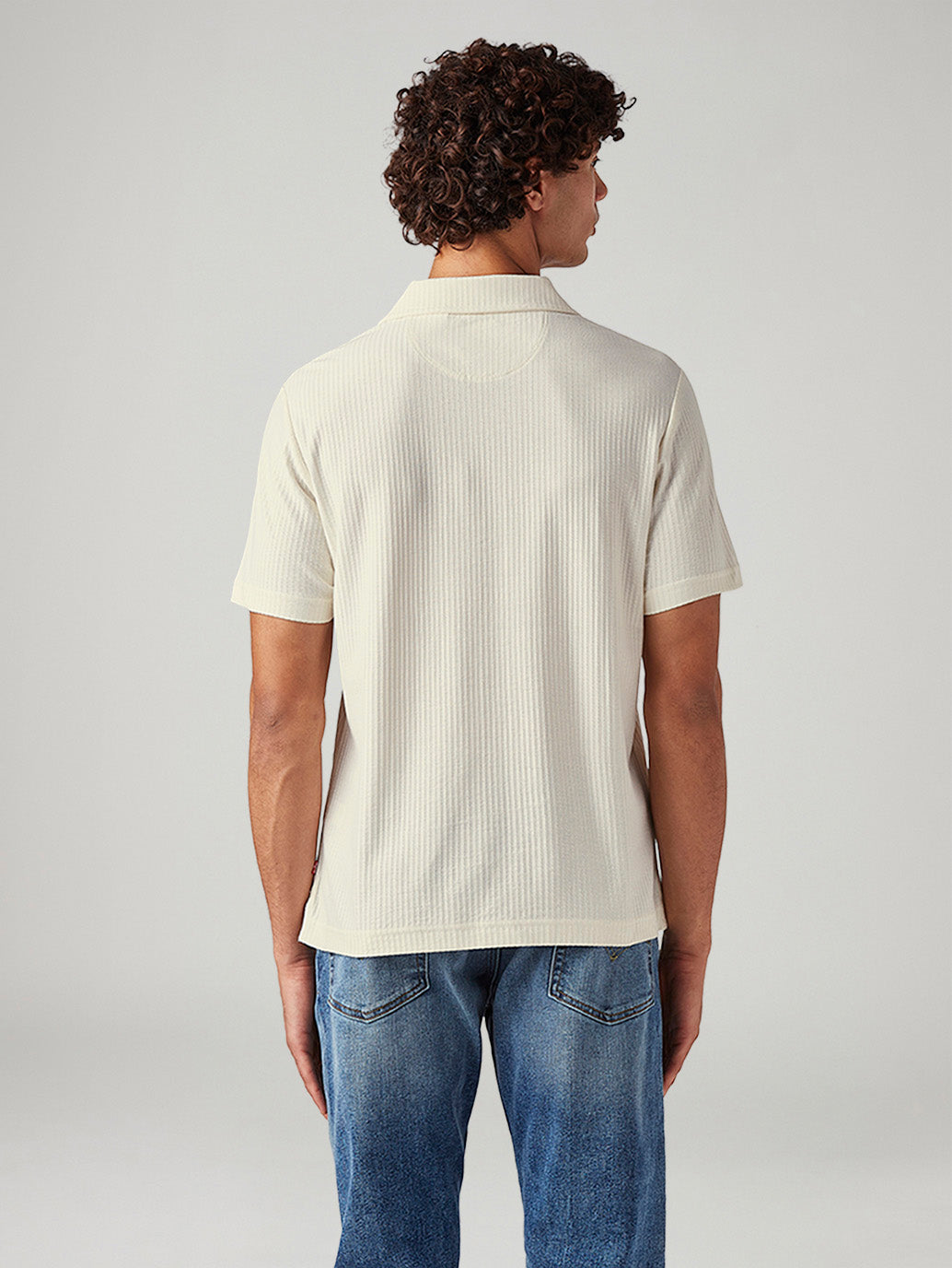 Men's Textured Cream Collar Neck Textured Polo T-shirt - Back View