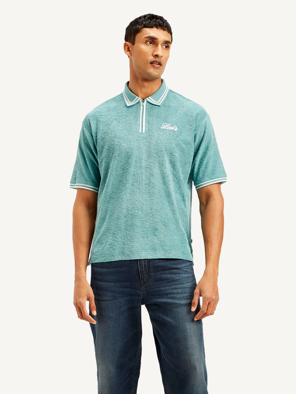 Men's Knitted Teal Polo T-shirt - Front View