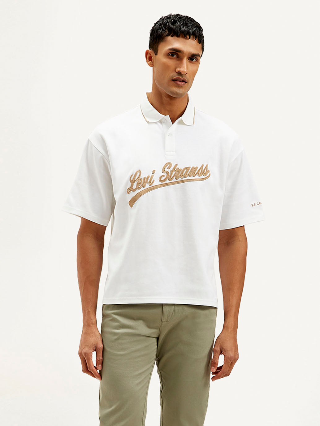 Men's Brand Logo Loose Fit Polo T-shirt - Front View